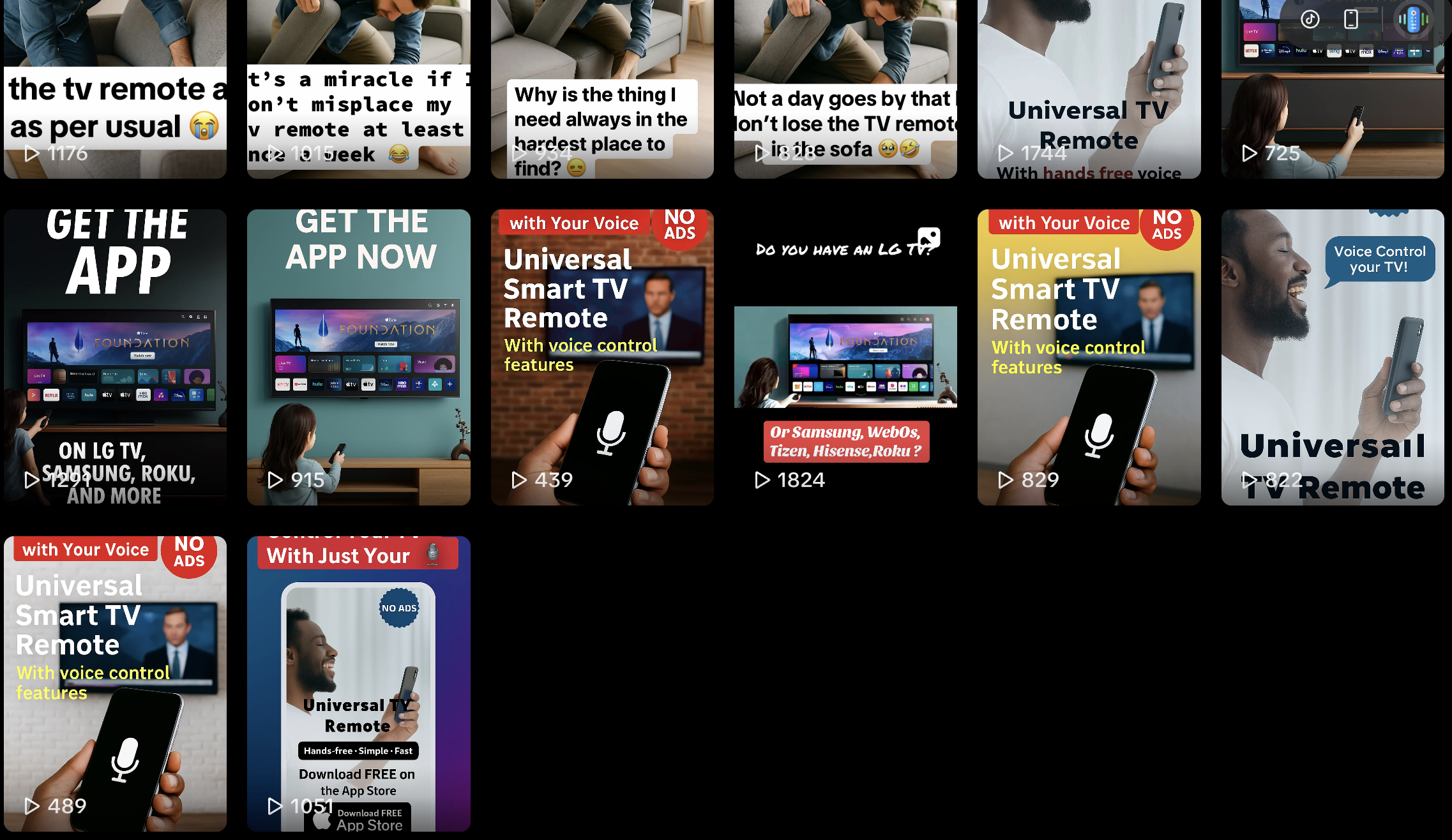 Generated short-form video examples in a TikTok grid